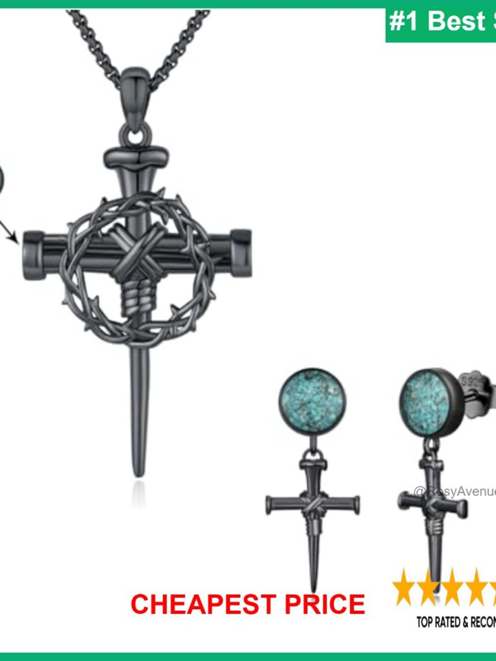 925 Sterling Silver Turquoise Nail Cross Necklace Earrings Set Jewelry Gift